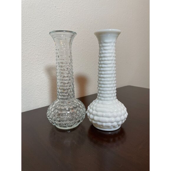 Vintage EO Brody Bud Vases - Set! Clear Glass and Milk Glass Hobnail pattern - Picture 2 of 5